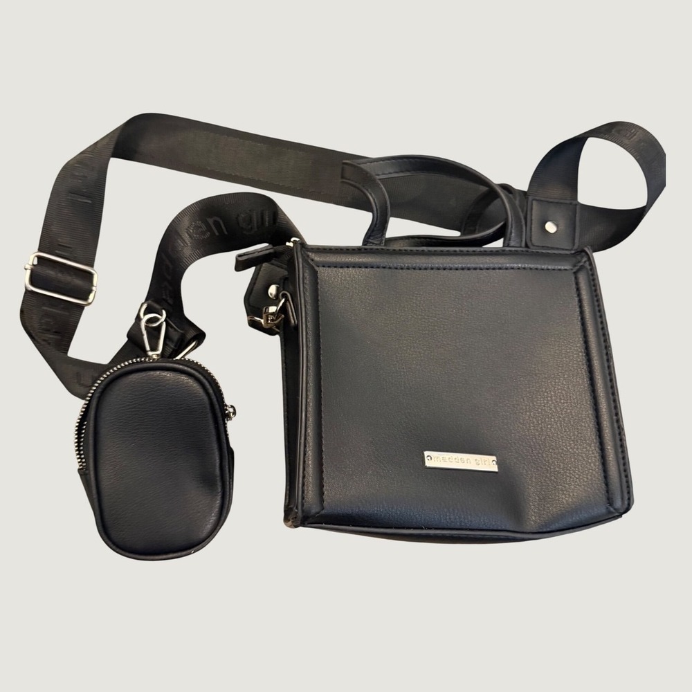 Madden Girl Crossbody Bag Women Black MG Rhinestone Square Coin Pouch Utility